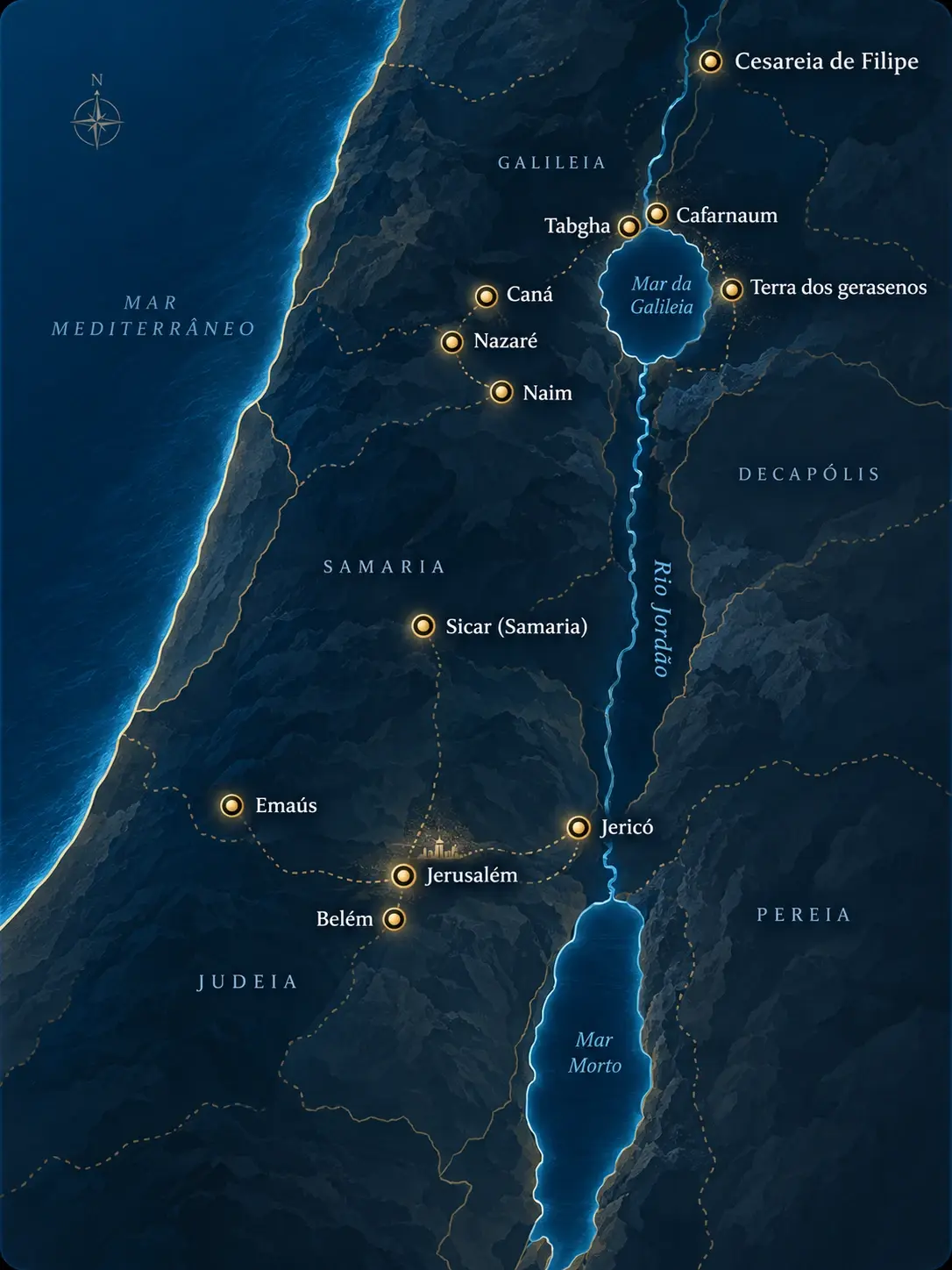 Mapa ilustrado da Terra Santa com os lugares da vida de Jesus, de Cesareia de Filipe a Belém